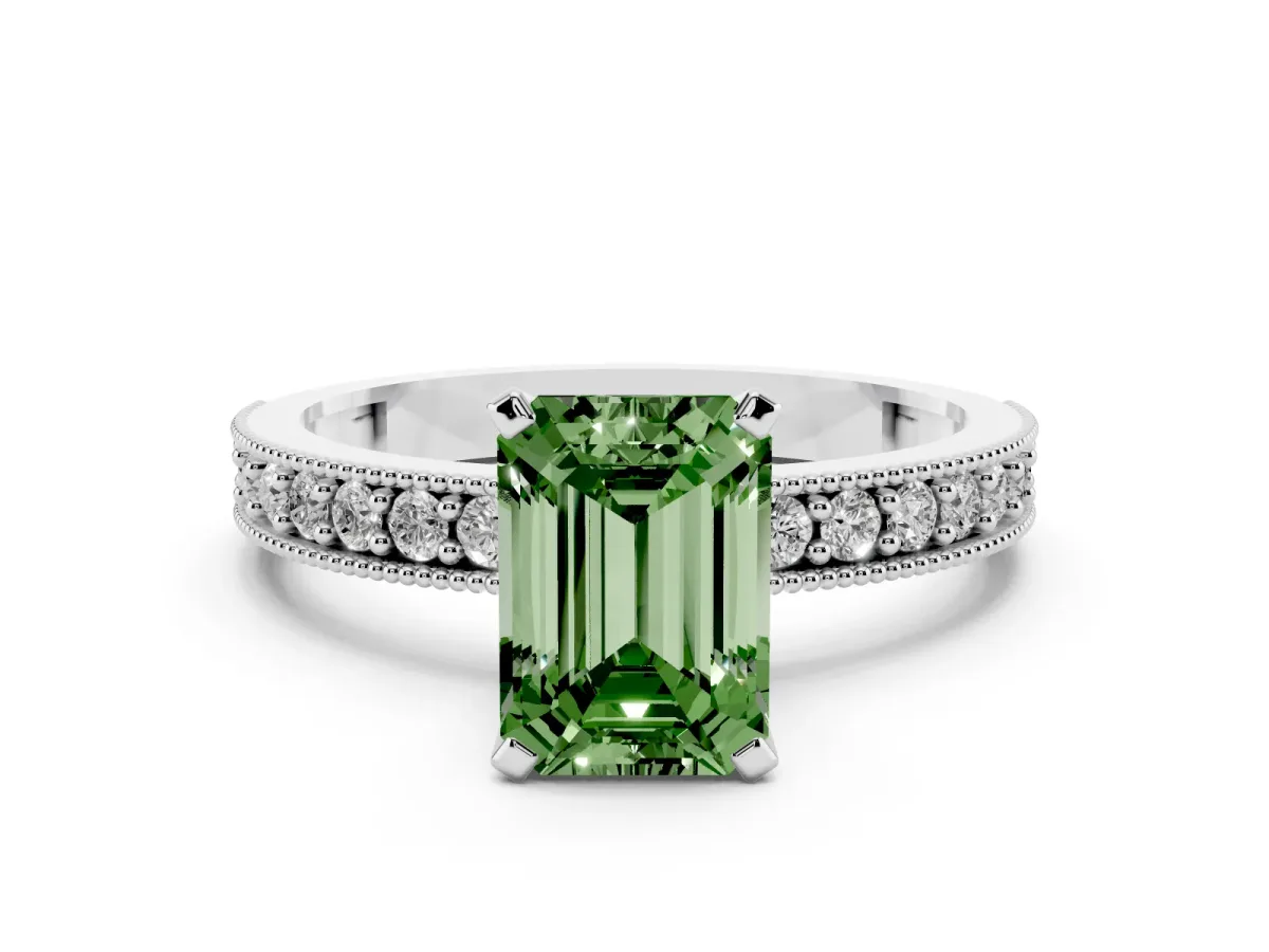 Fancy Green Emerald Cut Diamond Milgrain Pavé Engagement Ring with Four-Prong Setting Silver