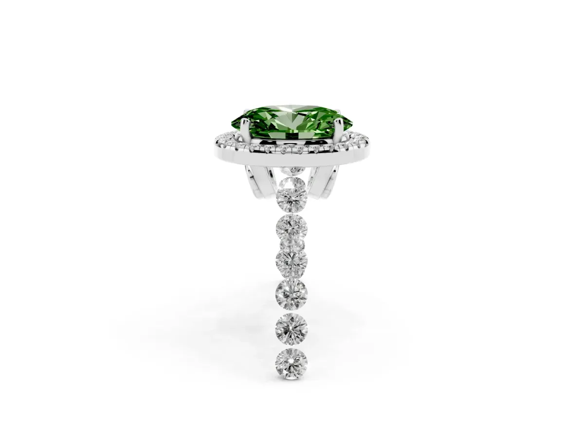 Fancy Green Oval Cut Halo Pavé Diamond Engagement Ring with Four-Prong Setting Silver