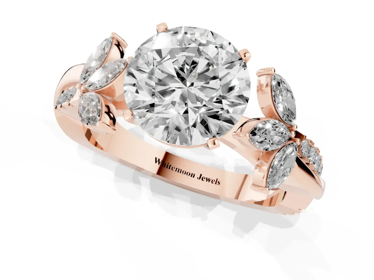 Round Cut Diamond Floral Vine Solitaire Engagement Ring Rose gold