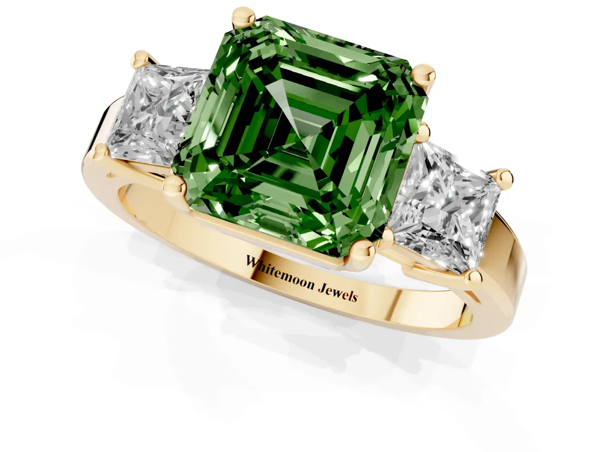 Fancy Green Three-Stone Asscher Cut Cut Solitaire Ring with Prong Setting Yellow gold