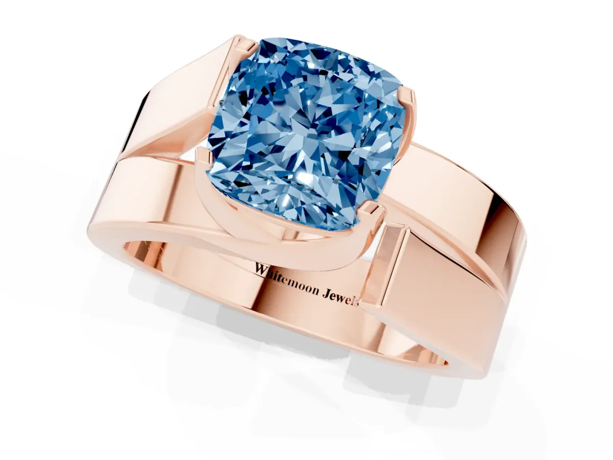 Fancy Blue Modern Tension Set Cushion Cut Diamond Solitaire Wide Band Ring Rose gold