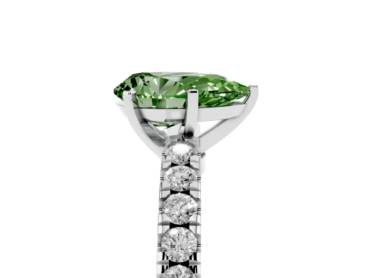Fancy Green Pear Cut Solitaire Diamond with Pavé Band and Four-Prong Setting White gold