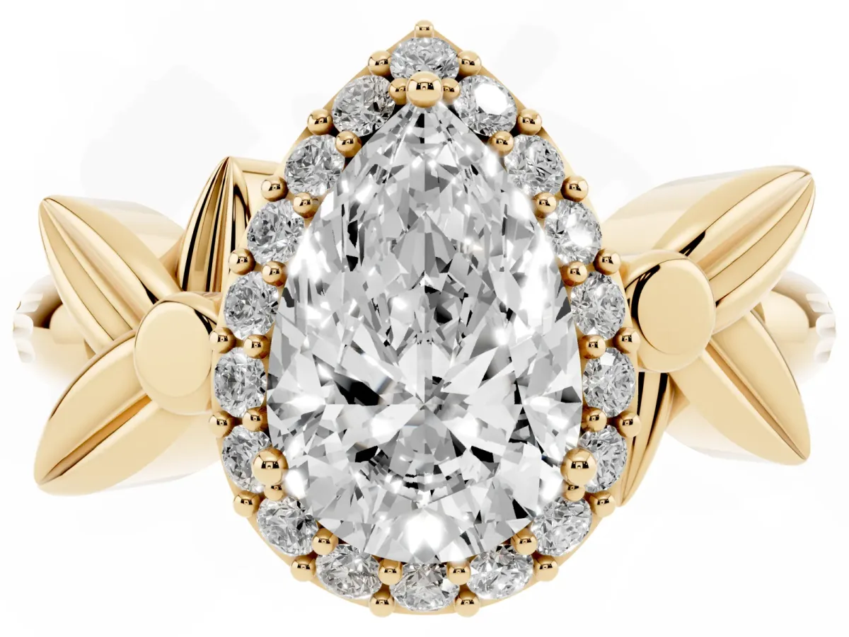 Pear Cut Halo Diamond Floral Band with Four-Prong Setting Yellow gold