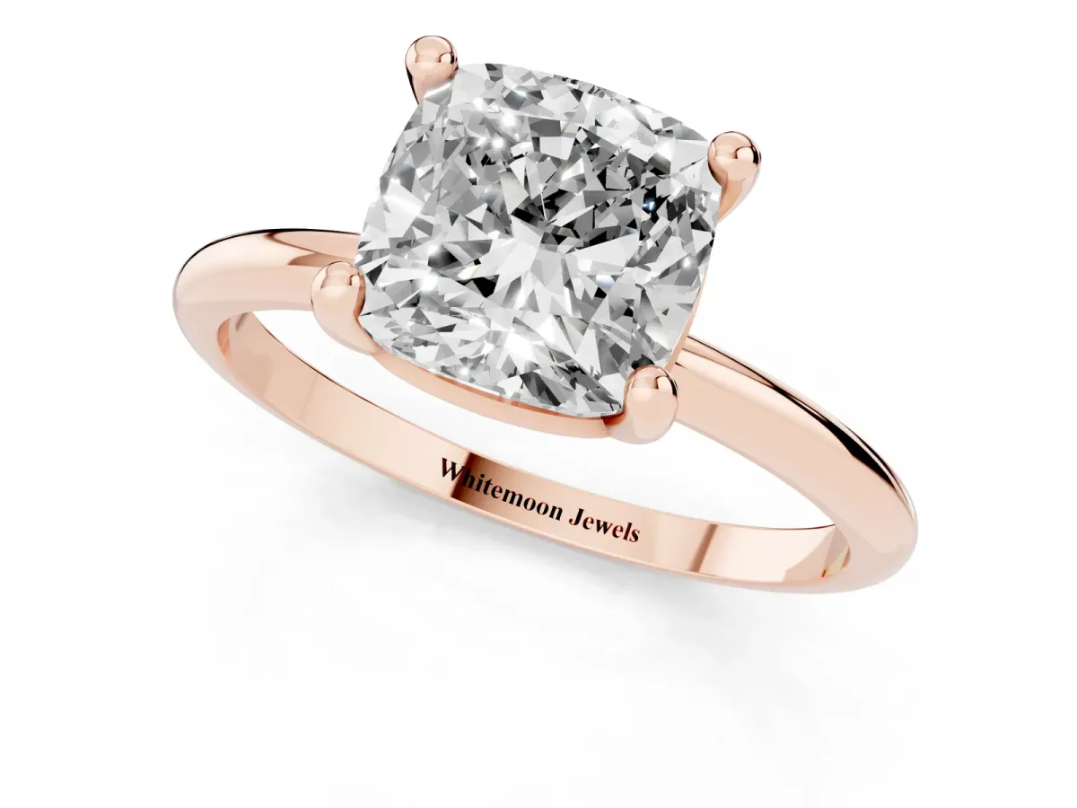 Cushion Cut Solitaire Diamond Ring with 4-Prong Setting on a Classic Band Rose gold