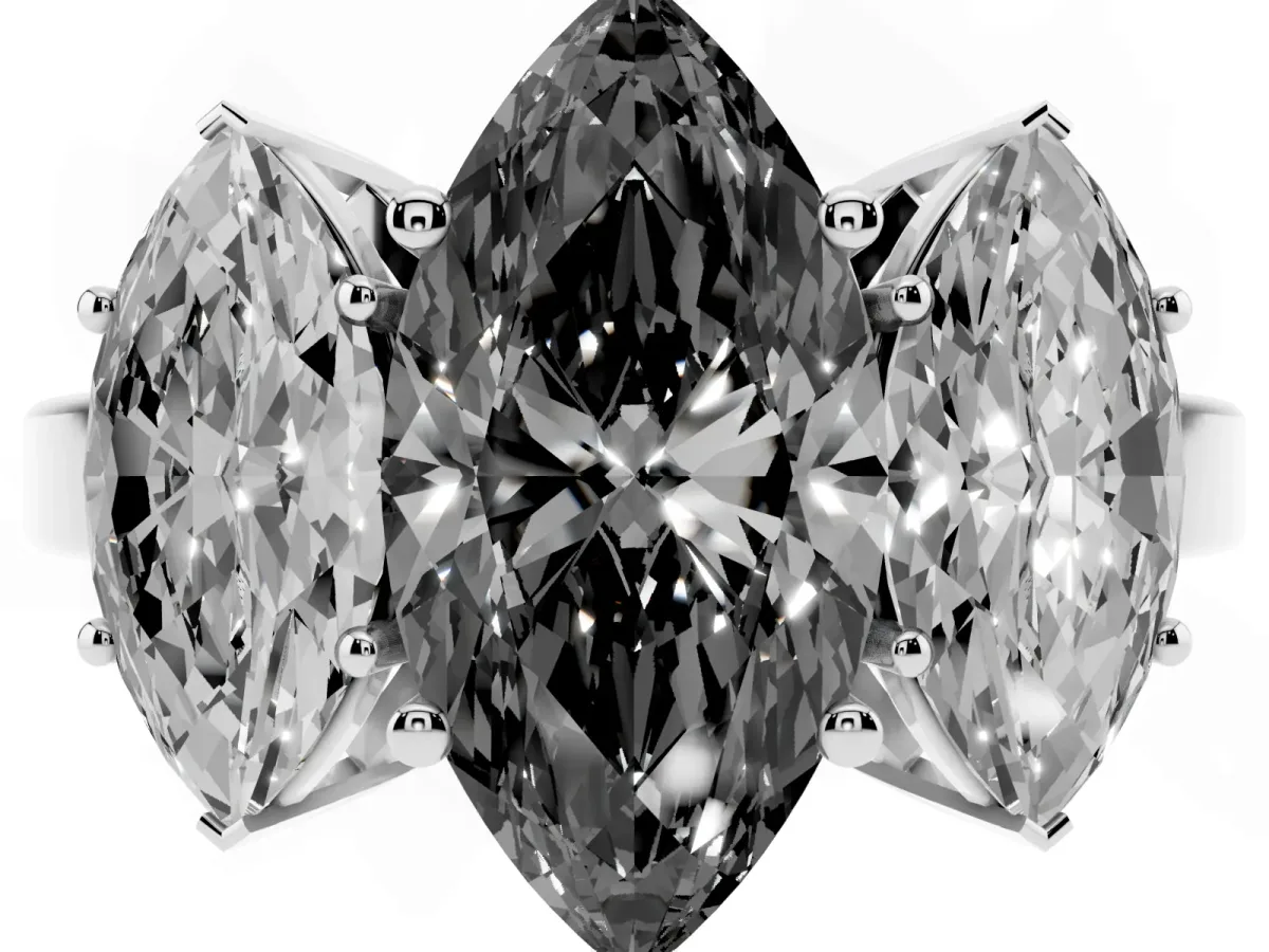Fancy Black Three-Stone Marquise Cut Cut Diamond Engagement Ring with Flat Band and Four-Prong Setting Silver