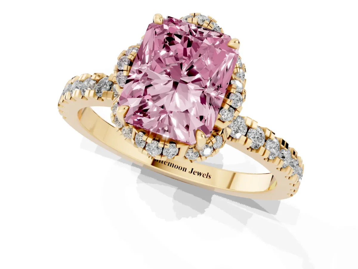 Fancy Pink Radiant Cut Diamond Halo Pave Band with Four-Prong Setting Yellow gold