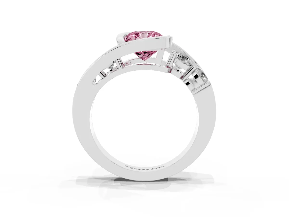 Fancy Pink Bezel Set Cushion Cut Diamond Bypass Ring with Round Accents Platinum