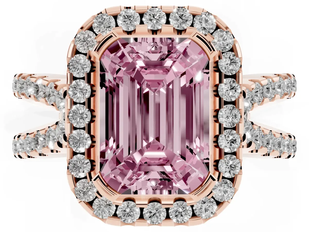 Fancy Pink Emerald Cut Diamond Halo Ring with Split Shank Pavé Band and Prong Setting Rose gold
