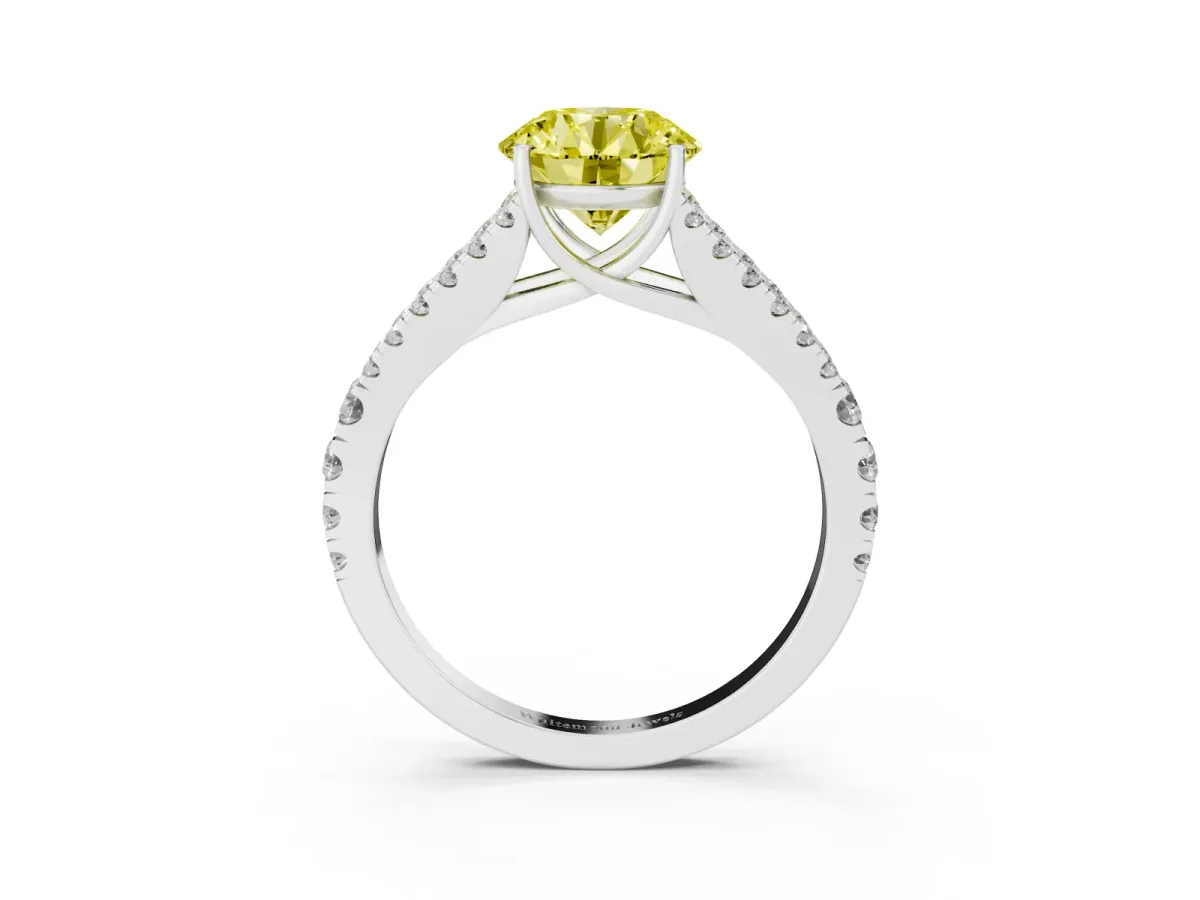 Fancy Yellow Round Cut Diamond Split Shank Pavé Engagement Ring with Four-Prong Setting White gold