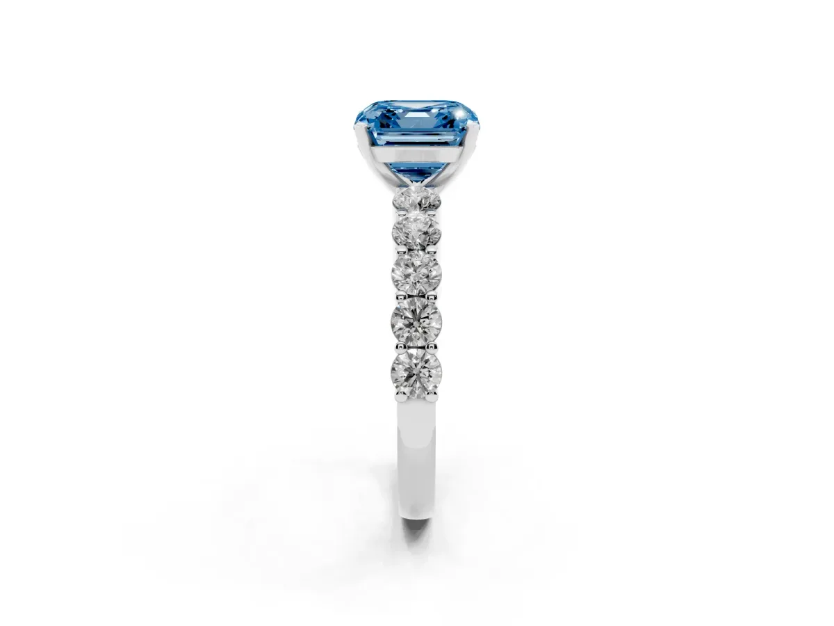 Fancy Blue Asscher Cut Diamond Solitaire Ring with Shared Prong Round Side Stones White gold