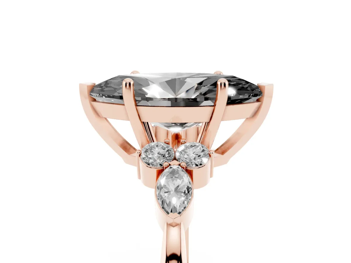 Fancy Black Marquise Cut Brilliant Diamond Solitaire Ring with Pear Side Stones and Four-Prong Setting Rose gold