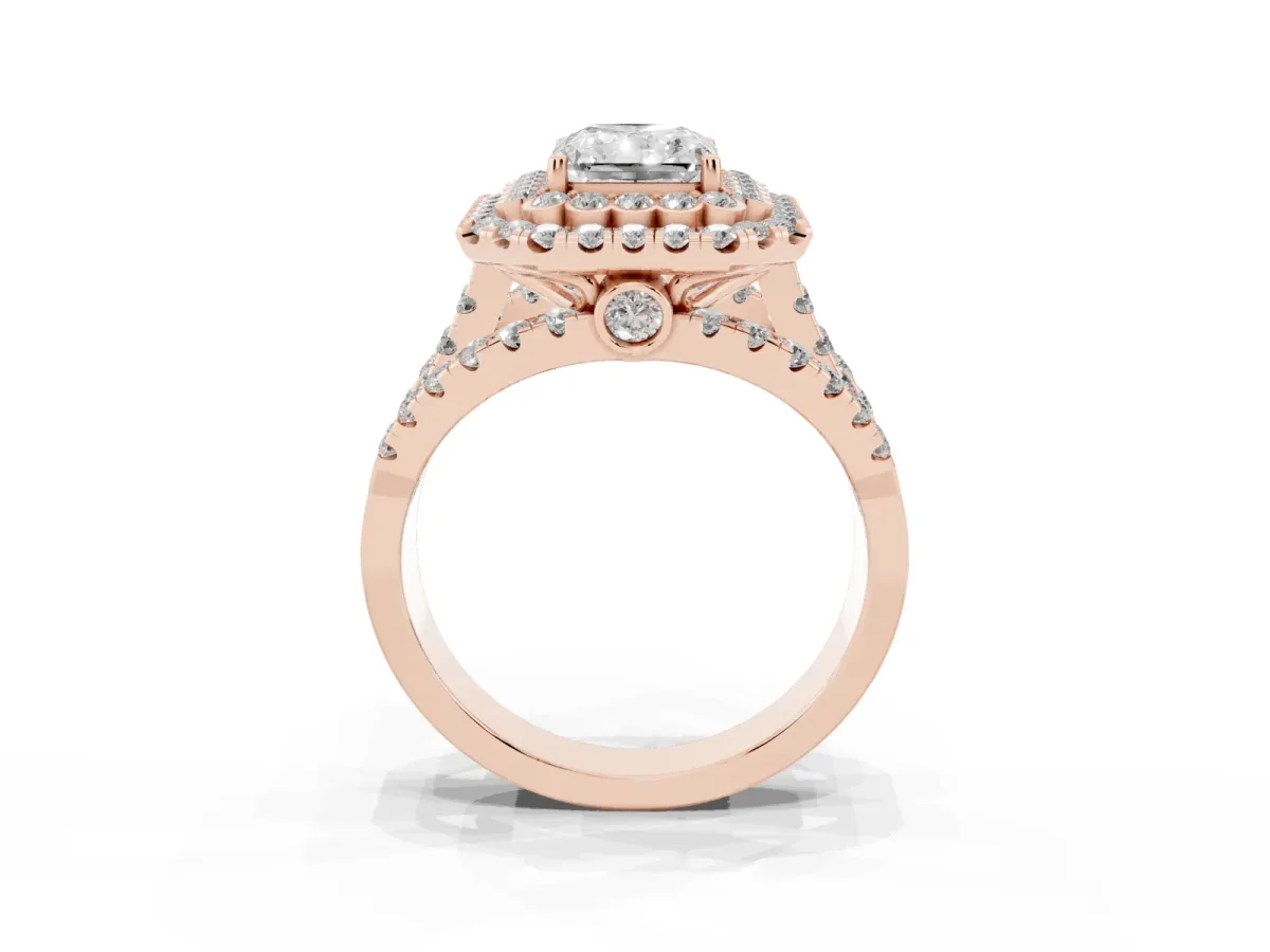 Radiant Cut Diamond Double Halo Ring with Round Pavé Split Shank and Prong Setting Rose gold