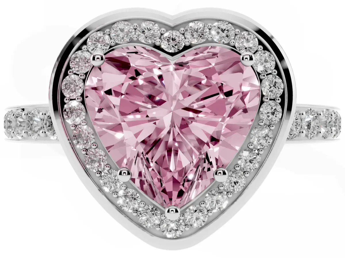 Fancy Pink Heart Cut Diamond Halo Ring with Bezel Frame and Pavé Band Silver