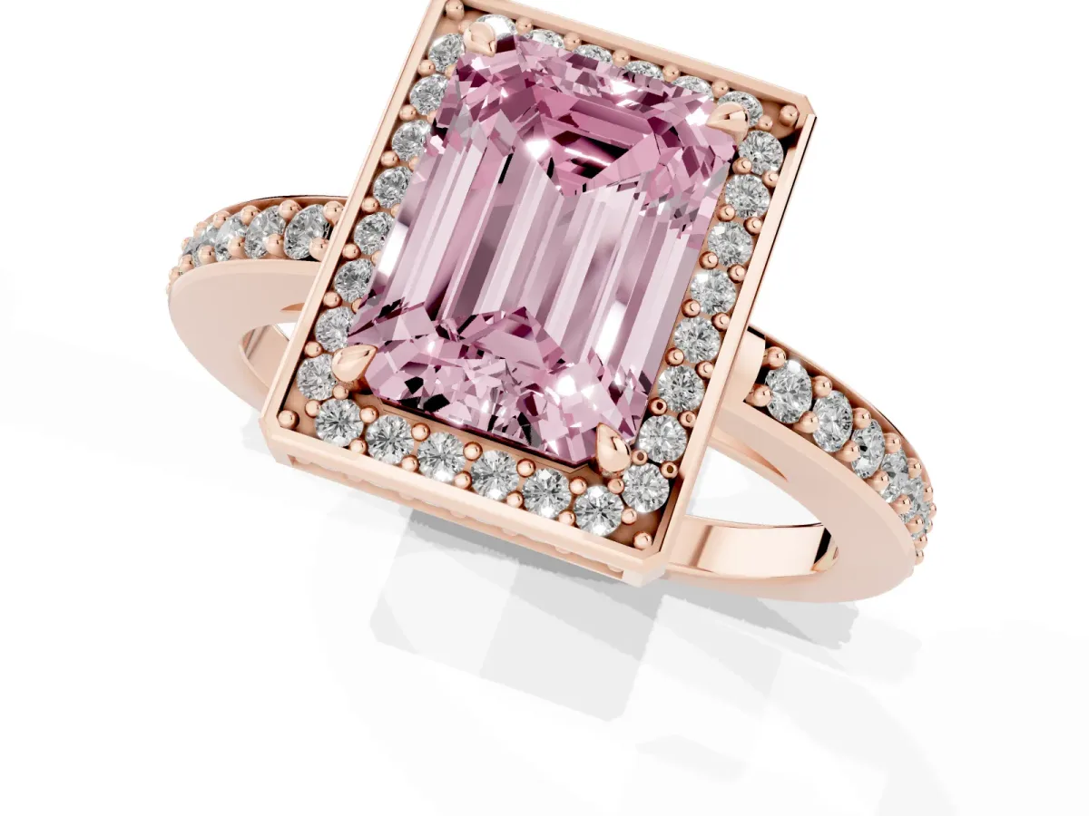Fancy Pink Emerald Cut Halo Pave Band Solitaire Ring with Prong Setting Rose gold
