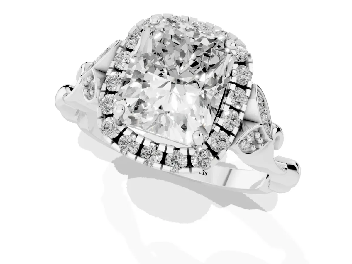 Radiant Cut Halo Diamond Engagement Ring with Vintage-Inspired Band and Four-Prong Setting White gold