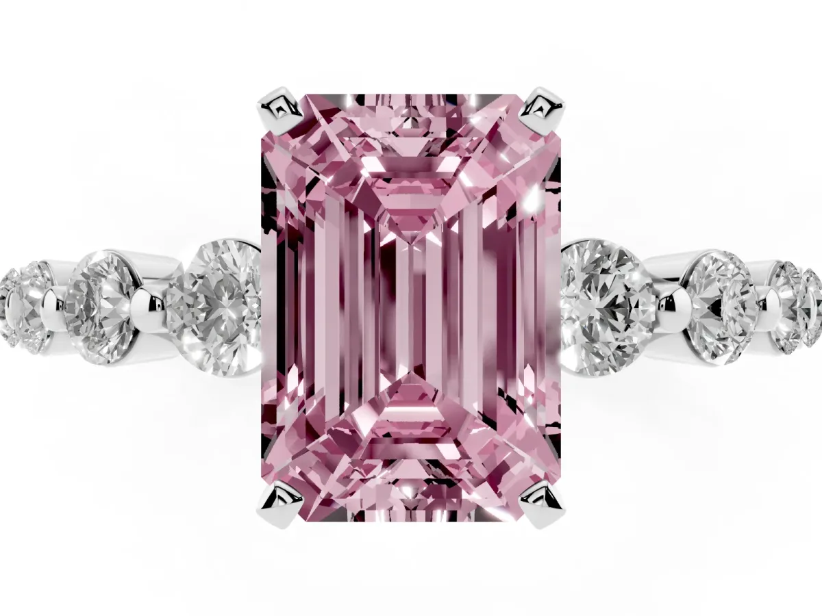 Fancy Pink Emerald Cut Solitaire Diamond Ring with Pave Band and Four-Prong Setting Platinum