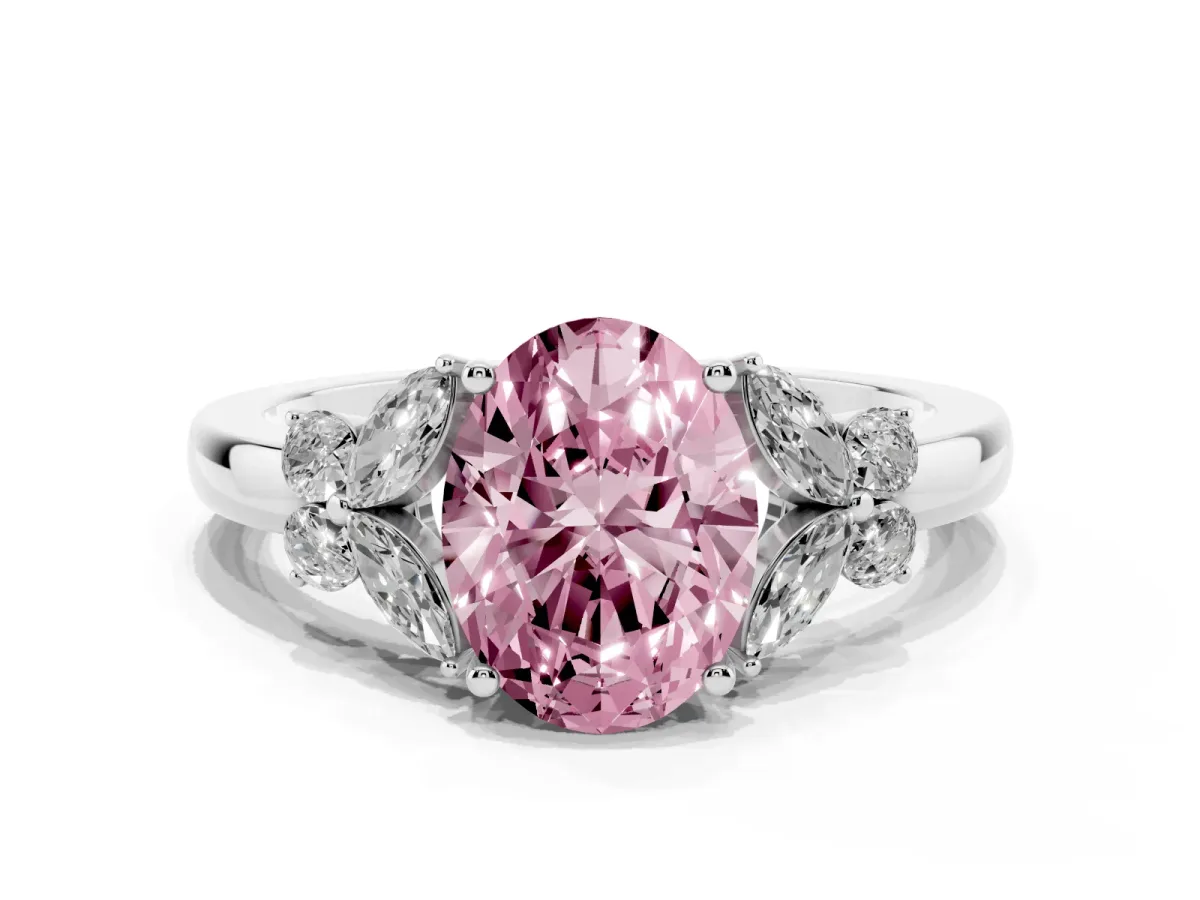 Fancy Pink Oval Cut Cut Solitaire Floral Diamond Ring with Four-Prong Setting Silver