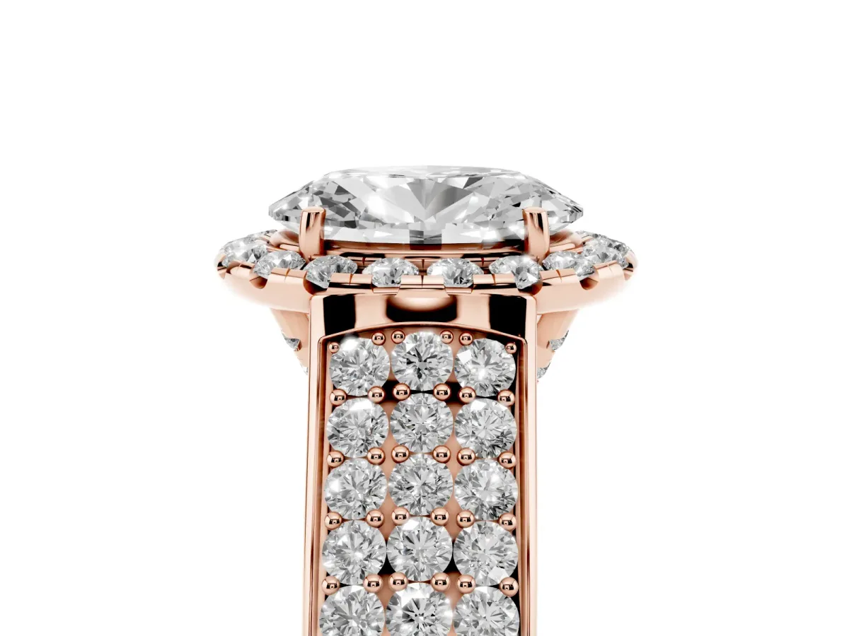 Oval Cut Halo Round Diamond Pave Band with Prong Setting Rose gold