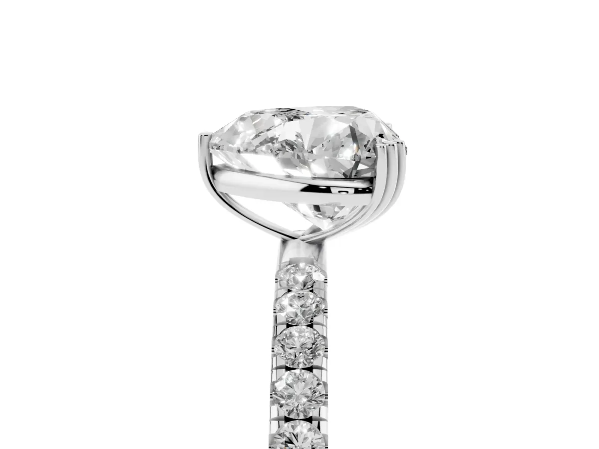 Heart Cut Brilliant Solitaire with Pavé Band and Claw Prong Setting Silver