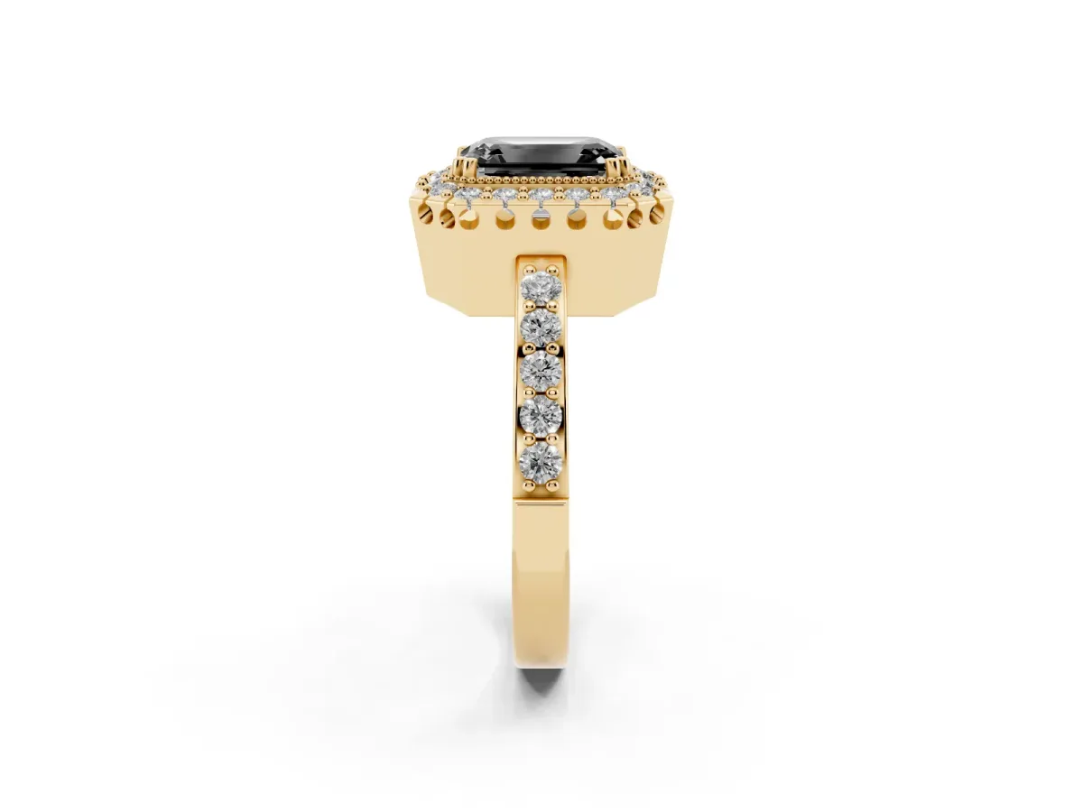 Fancy Black Emerald Cut Diamond Halo Ring with Pavé Band and Prong Setting Yellow gold
