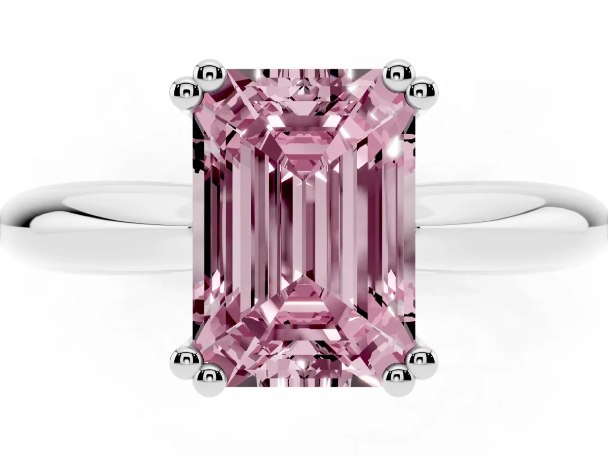 Fancy Pink Emerald Cut Cut Solitaire Engagement Ring with Tapered Band and Four-Prong Setting Platinum