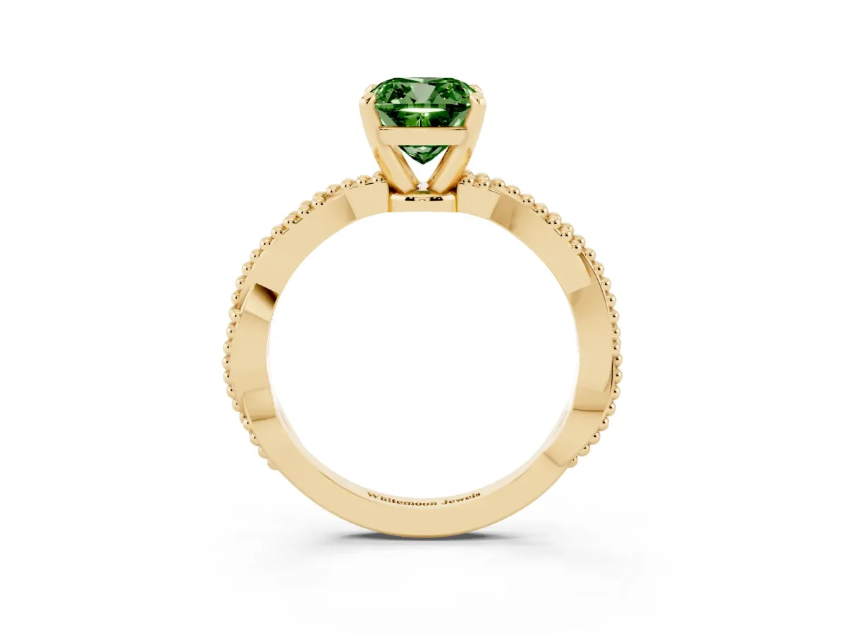 Fancy Green Cushion Cut Solitaire Twisted Band with Bead Prong Setting Yellow gold
