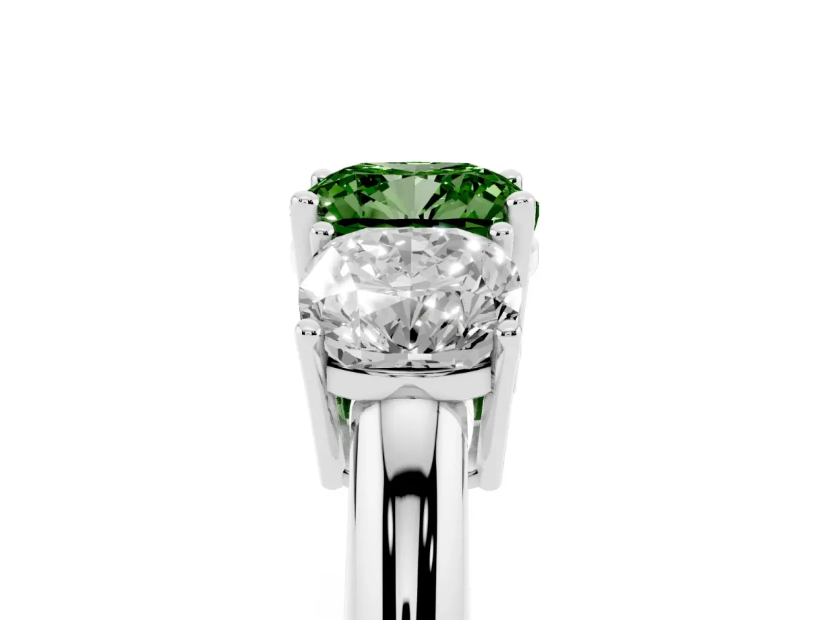 Fancy Green Three-Stone Cushion Cut Cut Diamond Engagement Ring with Prong Setting on a White Gold Band White gold
