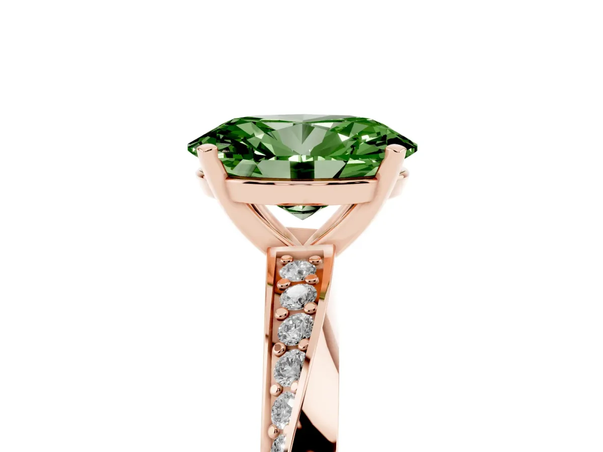 Fancy Green Oval Cut Diamond Engagement Ring with Side Stone Accents and Four-Prong Setting Rose gold