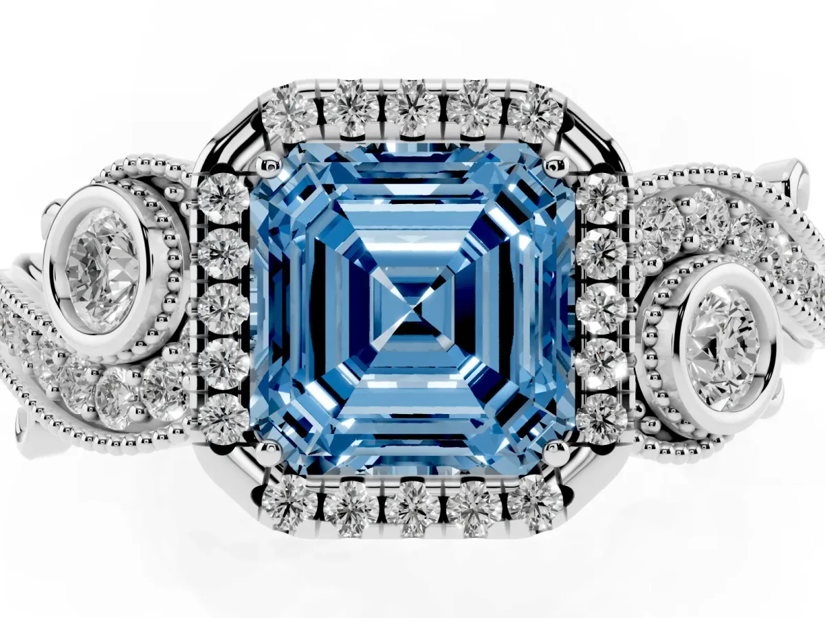 Fancy Blue Asscher Cut Diamond Halo Ring with Milgrain Pavé Band and Four-Prong Setting Platinum