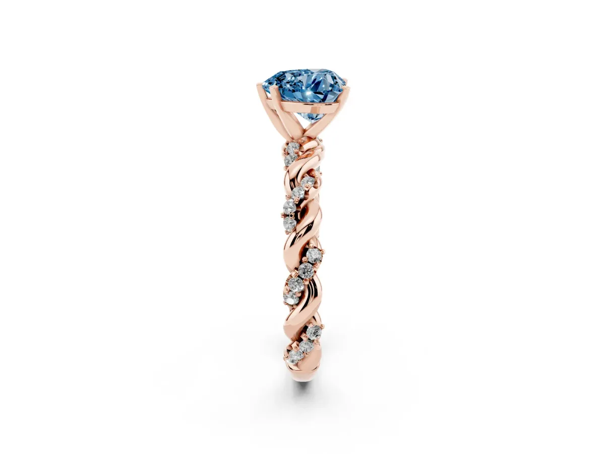 Fancy Blue Heart Cut Diamond Solitaire Ring with Twisted Band and Pavé Accents Rose gold