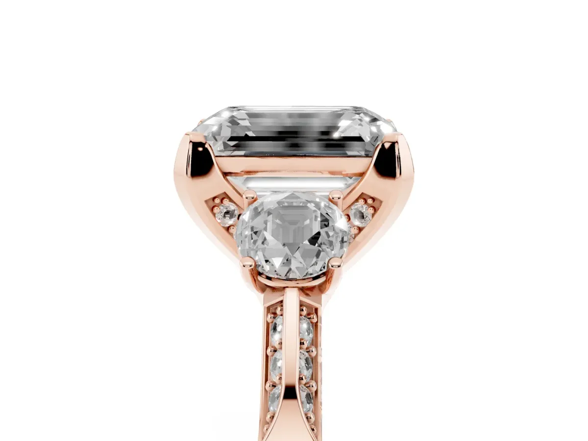 Fancy Green Emerald Cut Brilliant Three-Stone Diamond Ring with Pavé Band and Four-Prong Setting Rose gold