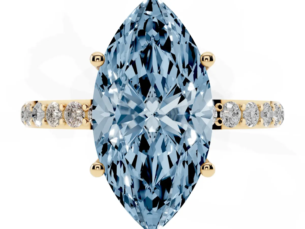 Fancy Blue Marquise Cut Diamond Solitaire Ring with Round Pavé Shoulders and Prong Setting Yellow gold