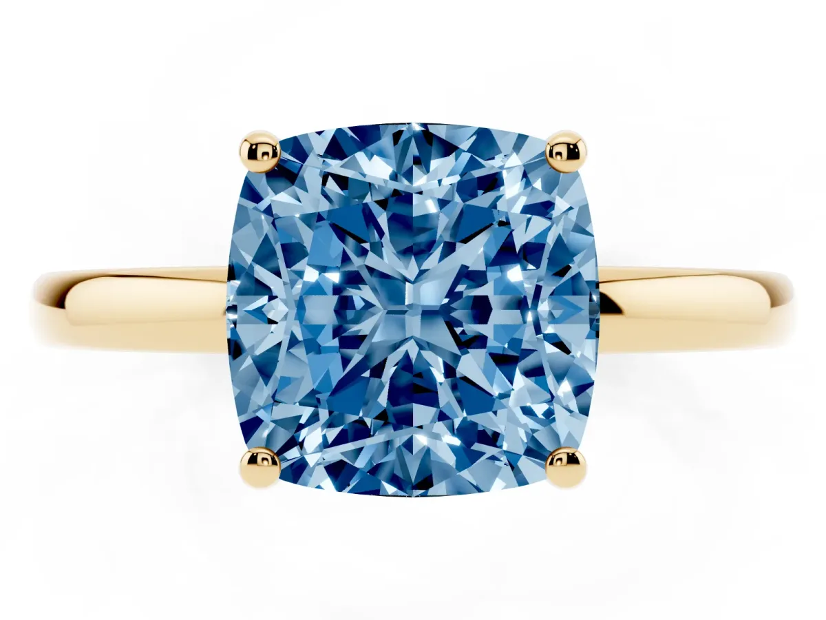 Fancy Blue Cushion Cut Solitaire Diamond Ring with Prong Setting and Plain Band Yellow gold