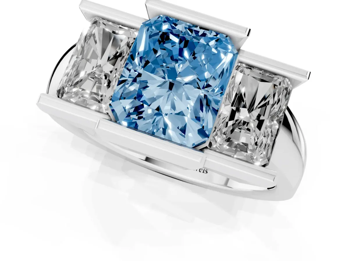 Fancy Blue Three Stone Radiant Cut Cut Channel Set Diamond Ring Silver