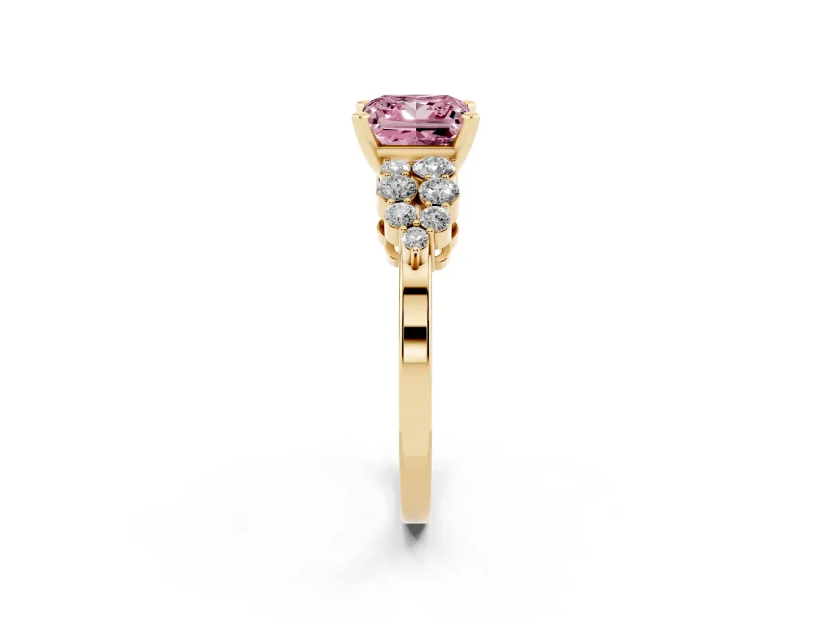 Fancy Pink Princess Cut Cluster Diamond Engagement Ring with Pavé Band and Four-Prong Setting Yellow gold