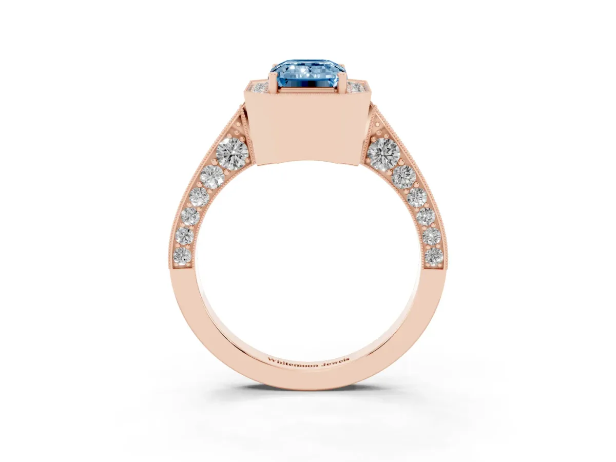 Fancy Blue Emerald Cut Halo Diamond Engagement Ring with Split Shank Band and Four-Prong Setting Rose gold
