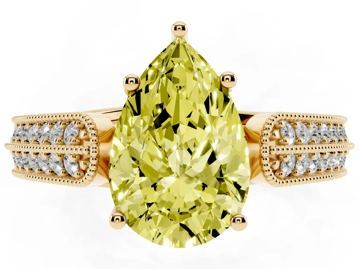 Fancy Yellow Pear Cut Cut Pave Split Shank Engagement Ring with Four-Prong Setting Yellow gold