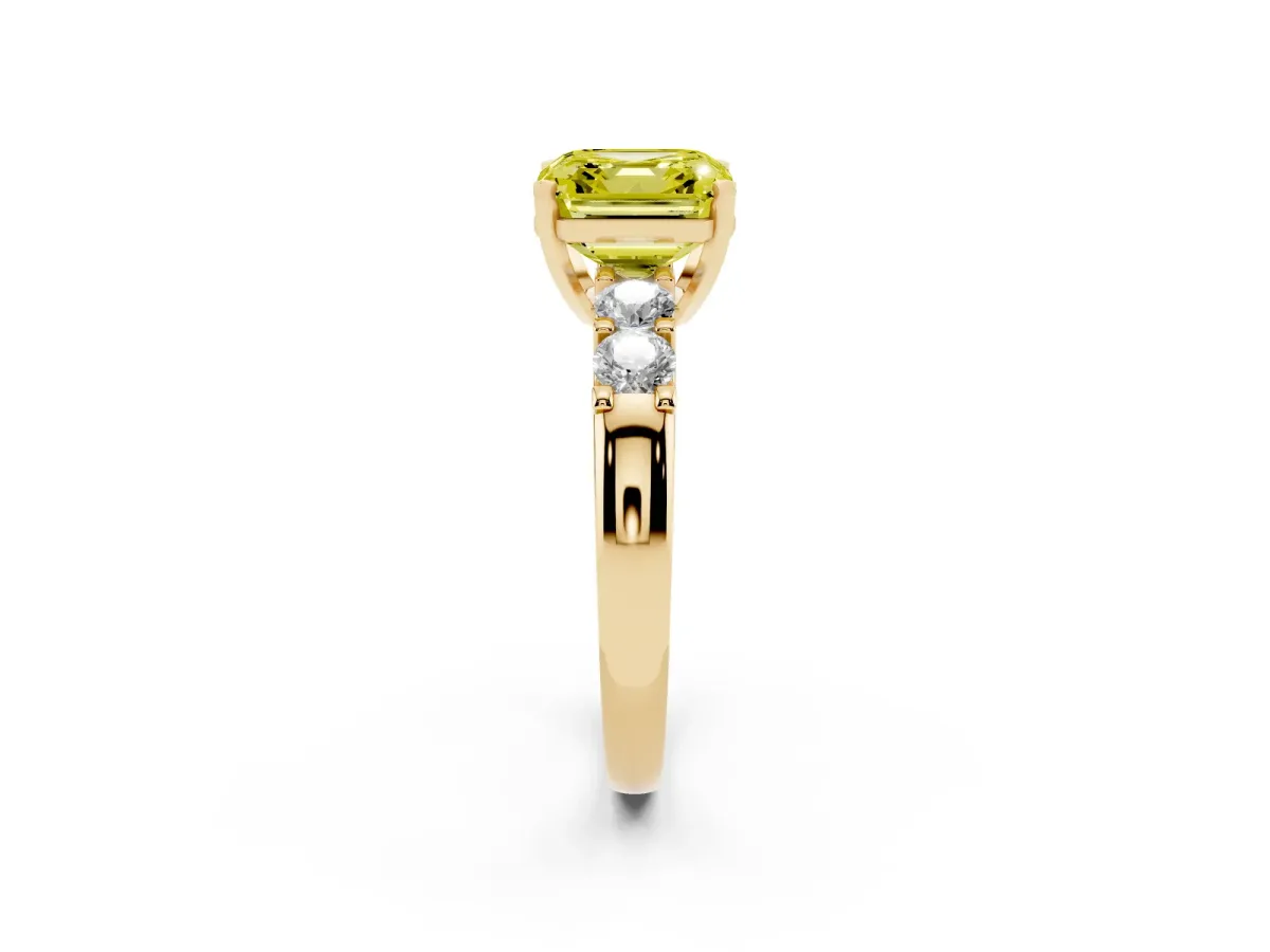 Fancy Yellow Asscher Cut Brilliant Cut Diamond Five-Stone Prong Set Engagement Ring with Channel Band Yellow gold