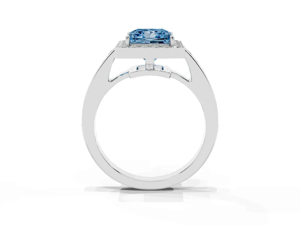 Fancy Blue Princess Cut Halo Pavé Diamond Engagement Ring with Bezel Setting Platinum
