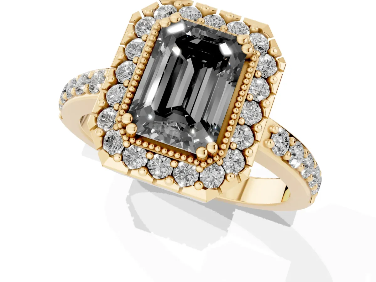 Fancy Black Emerald Cut Diamond Halo Ring with Pavé Band and Prong Setting Yellow gold