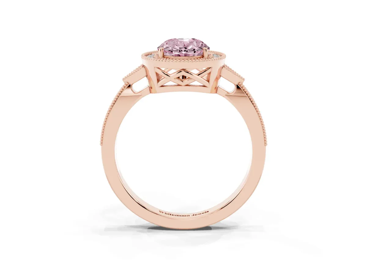 Fancy Pink Oval Cut Halo Round Diamond Milgrain Pave Engagement Ring Rose gold