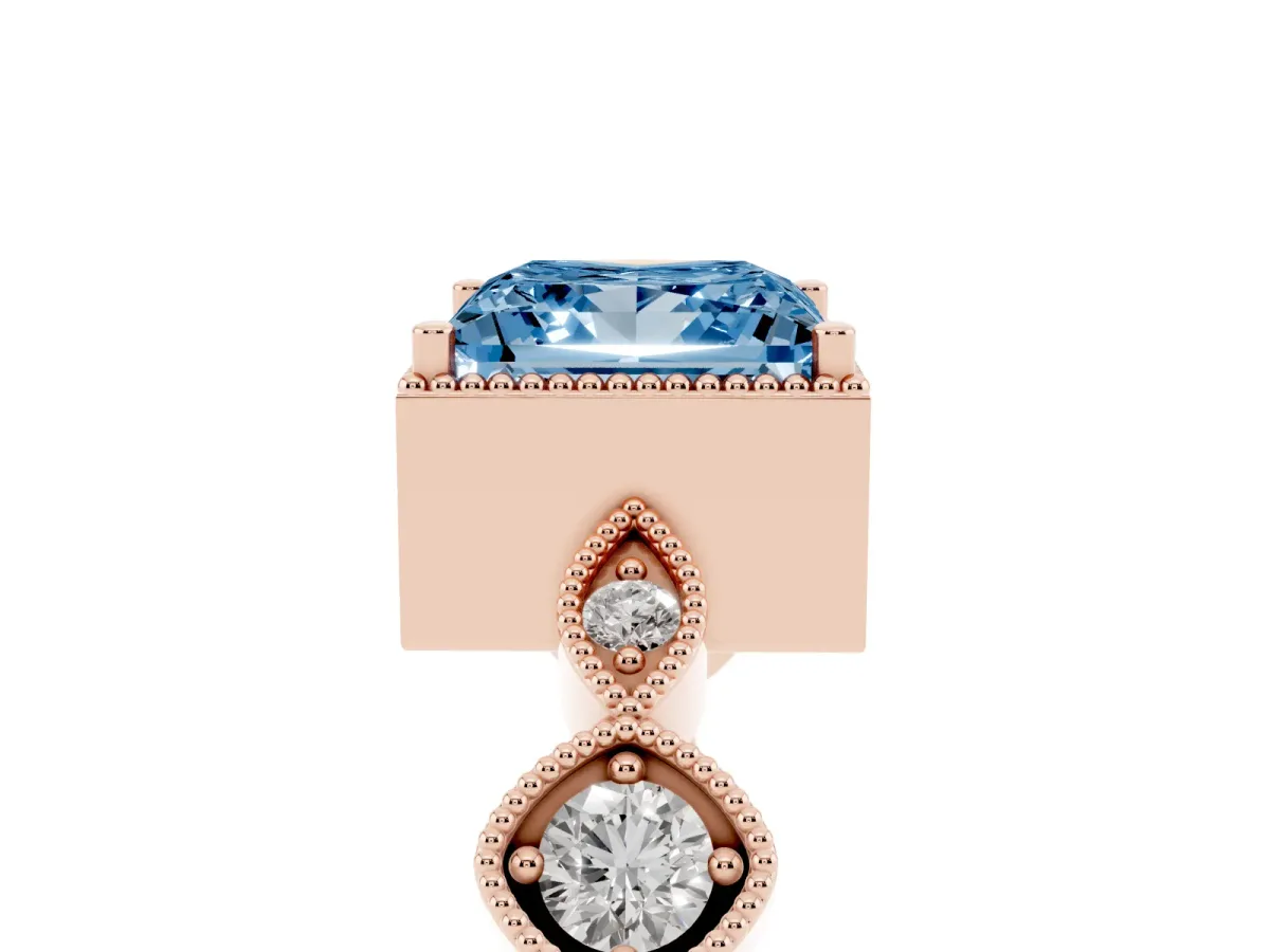 Fancy Blue Princess Cut Diamond Vintage Milgrain Ring with Round Stations Rose gold