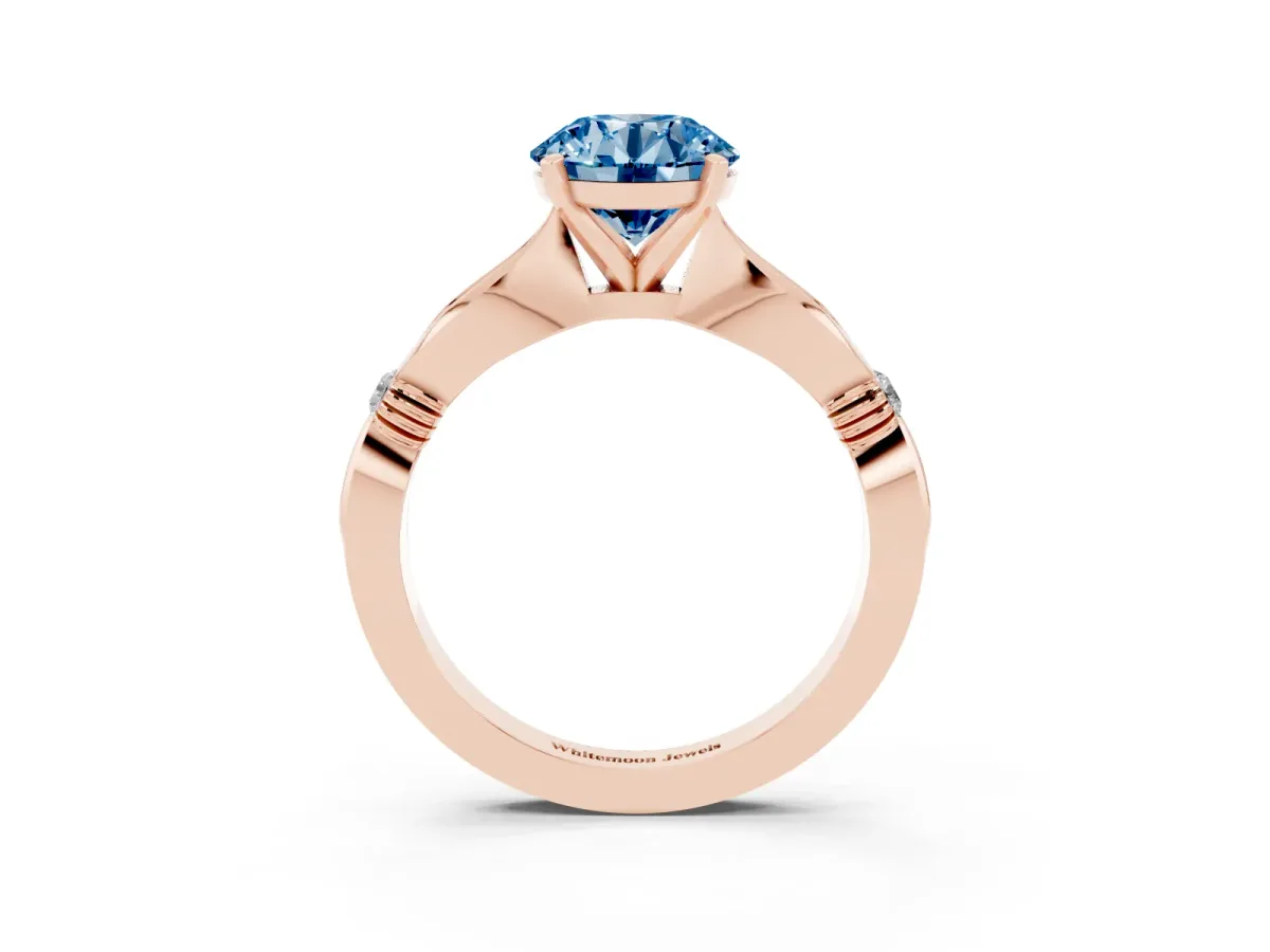 Fancy Blue Round Cut Solitaire Diamond Twisted Band with Four-Prong Setting Rose gold