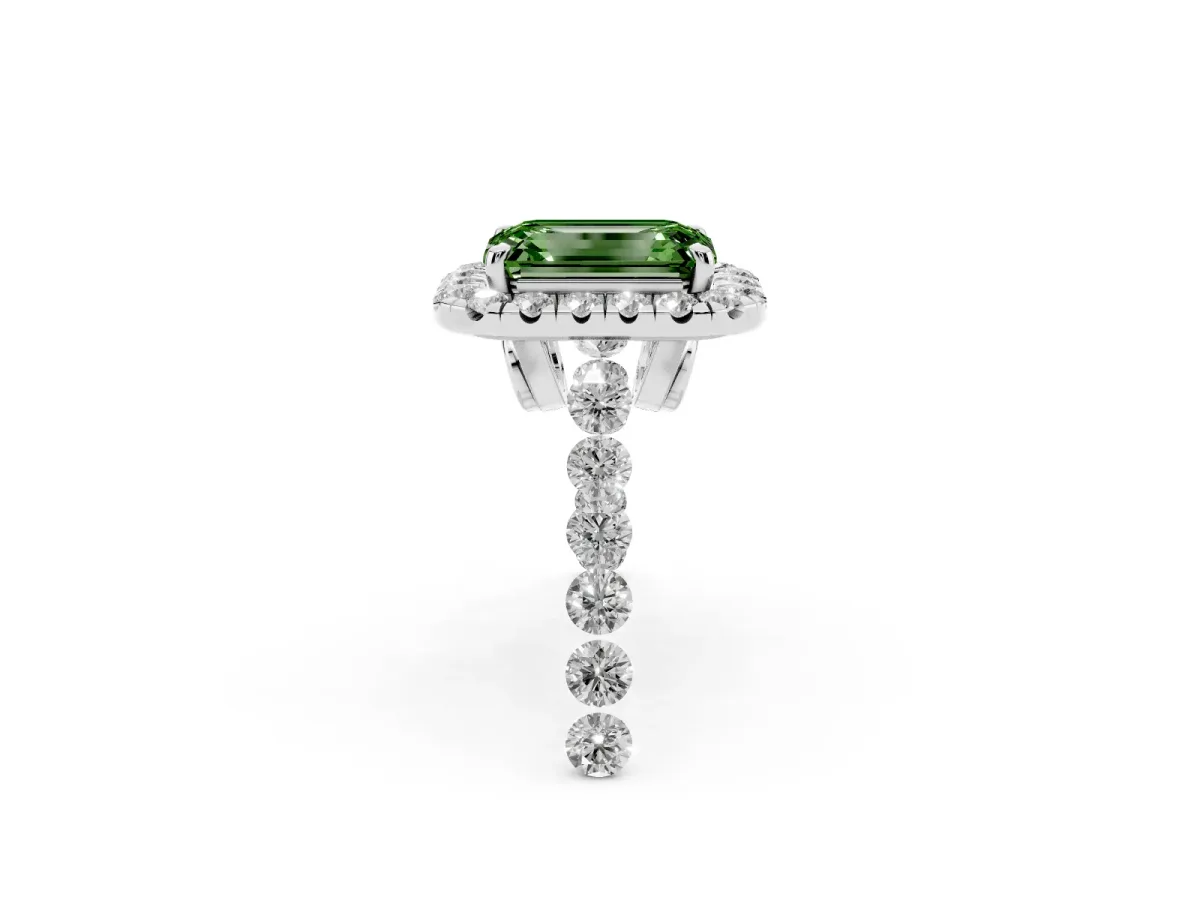 Fancy Green Emerald Cut Halo Pavé Diamond Engagement Ring with Four-Prong Setting Silver