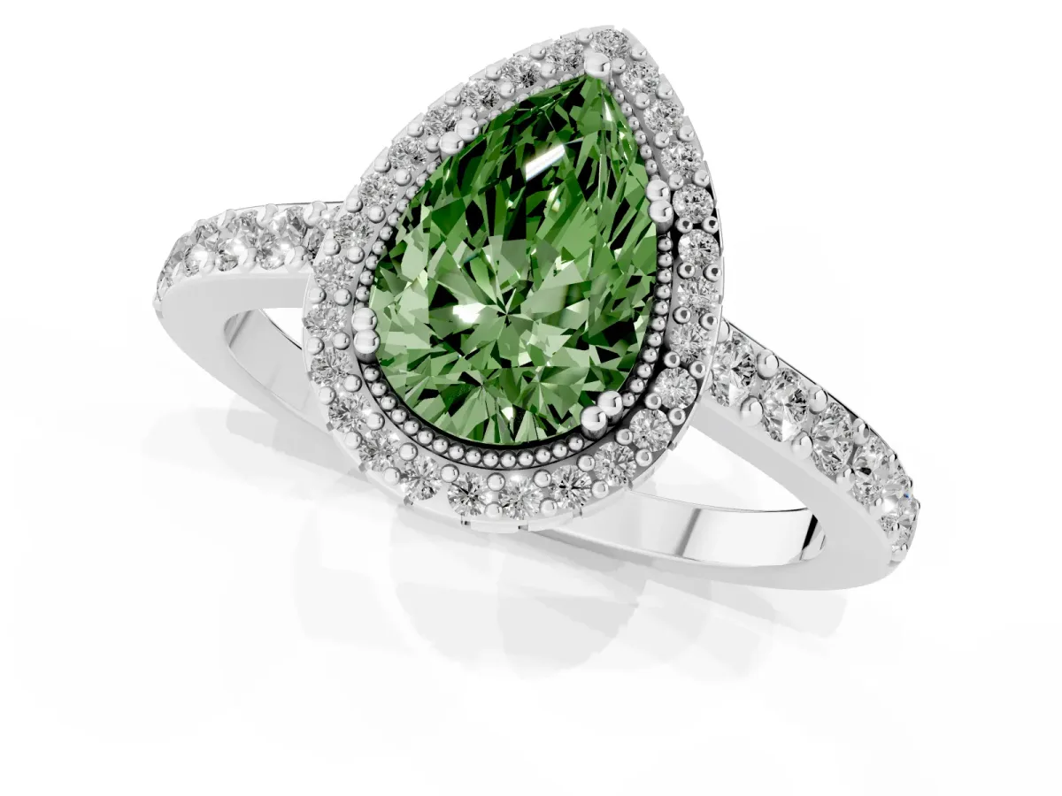 Fancy Green Pear Cut Cut Diamond Halo Engagement Ring with Milgrain Detail and Pavé Band Silver