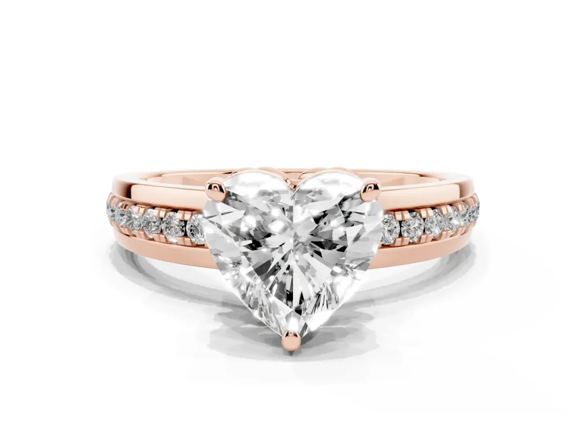Heart Cut Solitaire Diamond Ring with Channel Set Band and Six-Prong Setting Rose gold