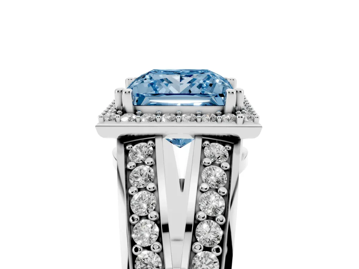 Fancy Blue Princess Cut Diamond Halo Ring with Split Shank Pavé Band and Four-Prong Setting Platinum
