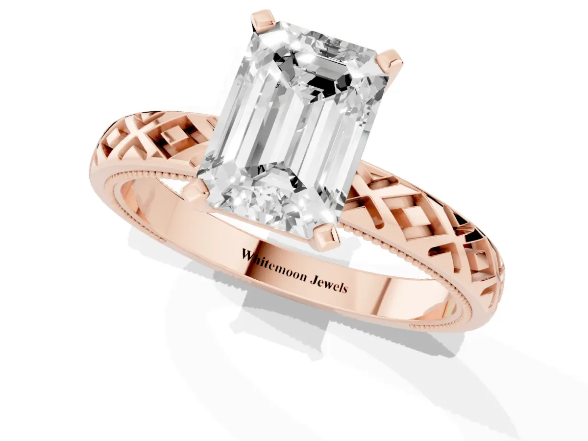 Emerald Cut Solitaire Diamond Ring with Milgrain and Black Enamel X Pattern Band Rose gold
