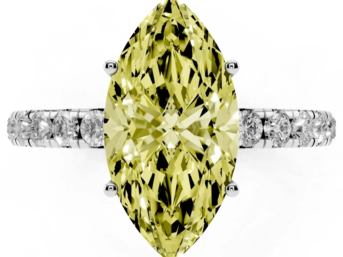 Fancy Yellow Marquise Cut Diamond Pavé Solitaire Engagement Ring with Four-Prong Setting Silver