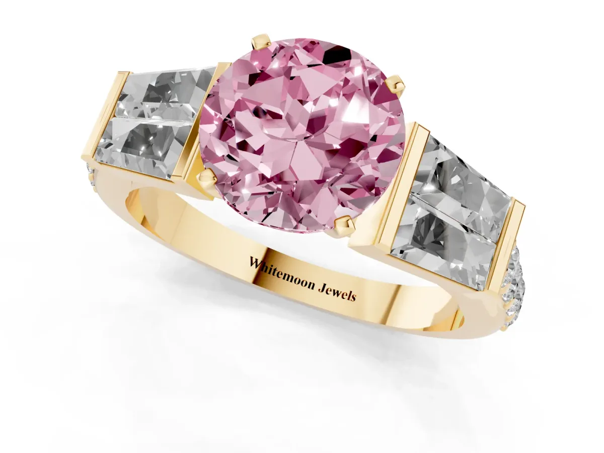 Fancy Pink Round Cut Diamond Engagement Ring with Baguette Side Stones and Channel Set Band Yellow gold